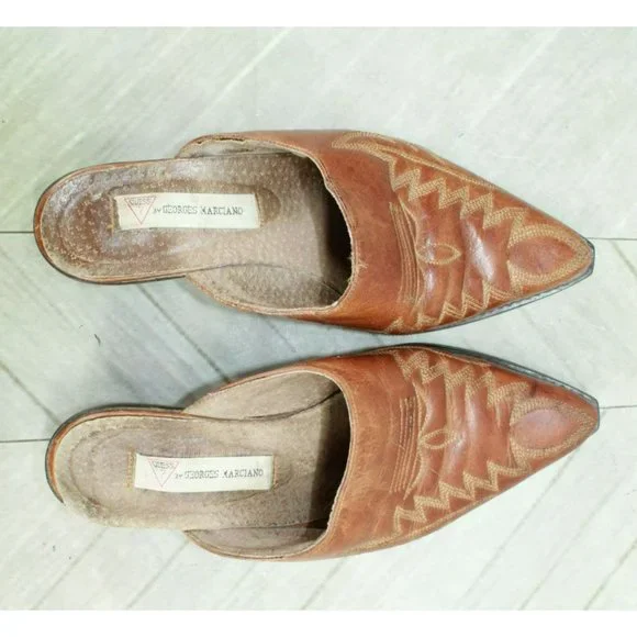 Guess Brown Leather Slip On Pointed Toe Casual Heels Mules Size 6.5 - Picture 7 of 9